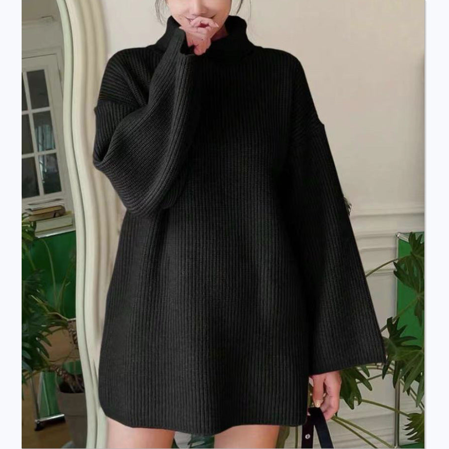 Dames Pull en tricot long avec col montant et manches évasées Chic und Stil