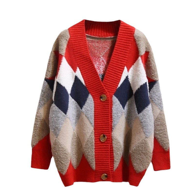 Cardigan en tricot pour femmes avec motif losange moderne Chic und Stil