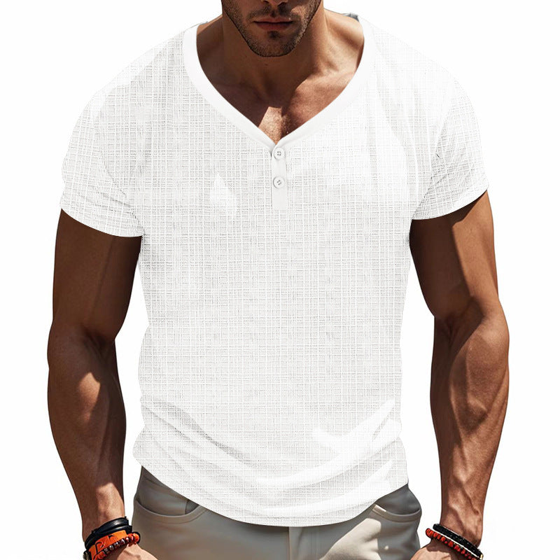 T-shirt Henley à manches courtes pour hommes avec design de structure géométrique et décolleté en V tendance Chic und Stil