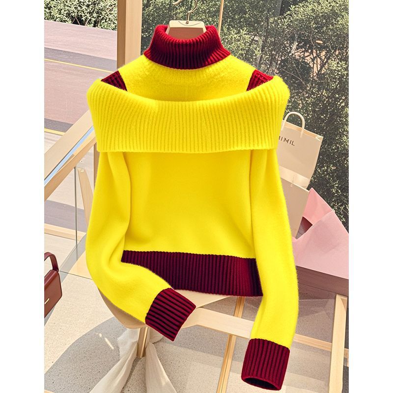 Pull pour dames avec col montant large et contraste de couleur décoratif Chic & Stil