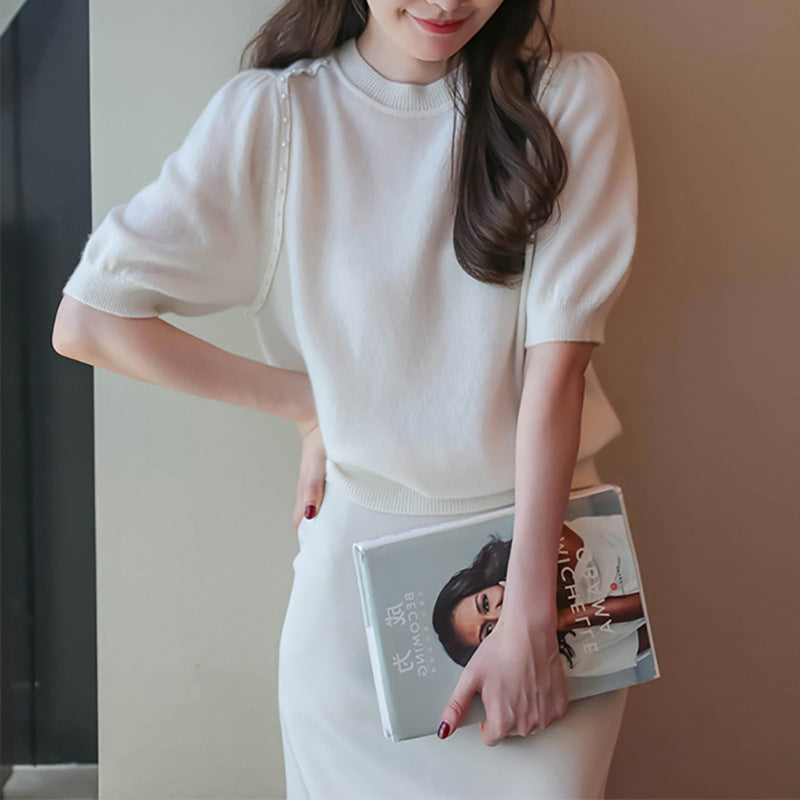 Top en tricot élégant pour femmes orné de perles Chic und Stil