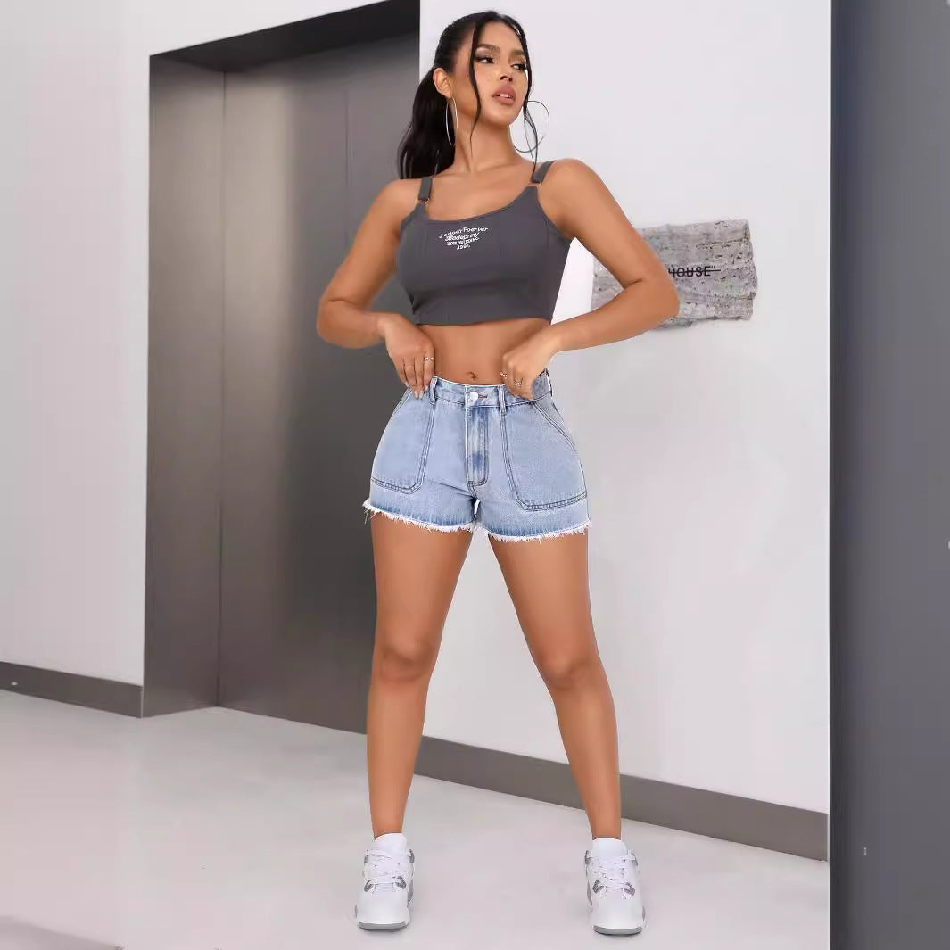 Shorts en jean taille haute pour femme avec ourlet effiloché et poches latérales Chic und Stil