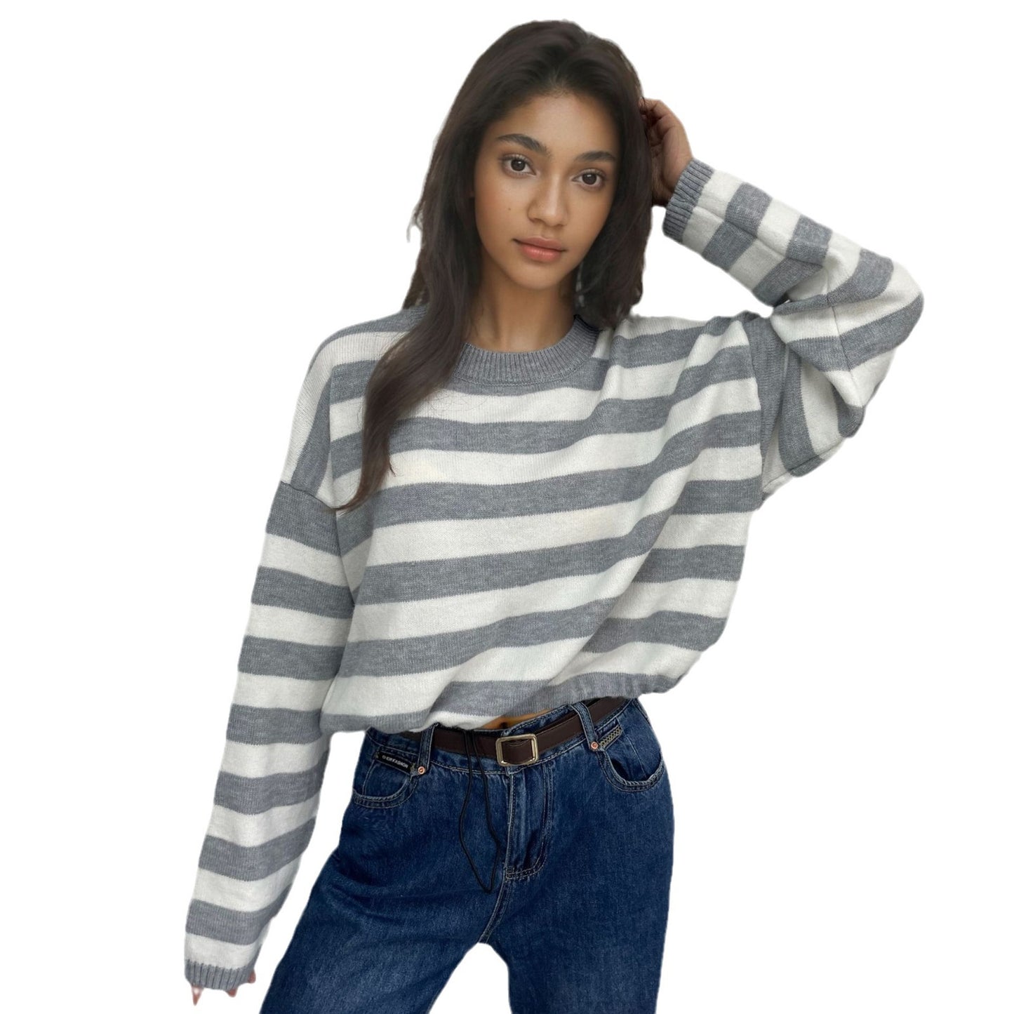 Pull femme décontracté en rayures avec coupe large et cordon de serrage Chic und Stil