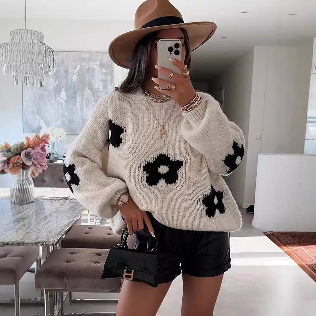 Pull oversized pour dames en tricot épais avec des motifs floraux folkloriques et une coupe décontractée Chic und Stil