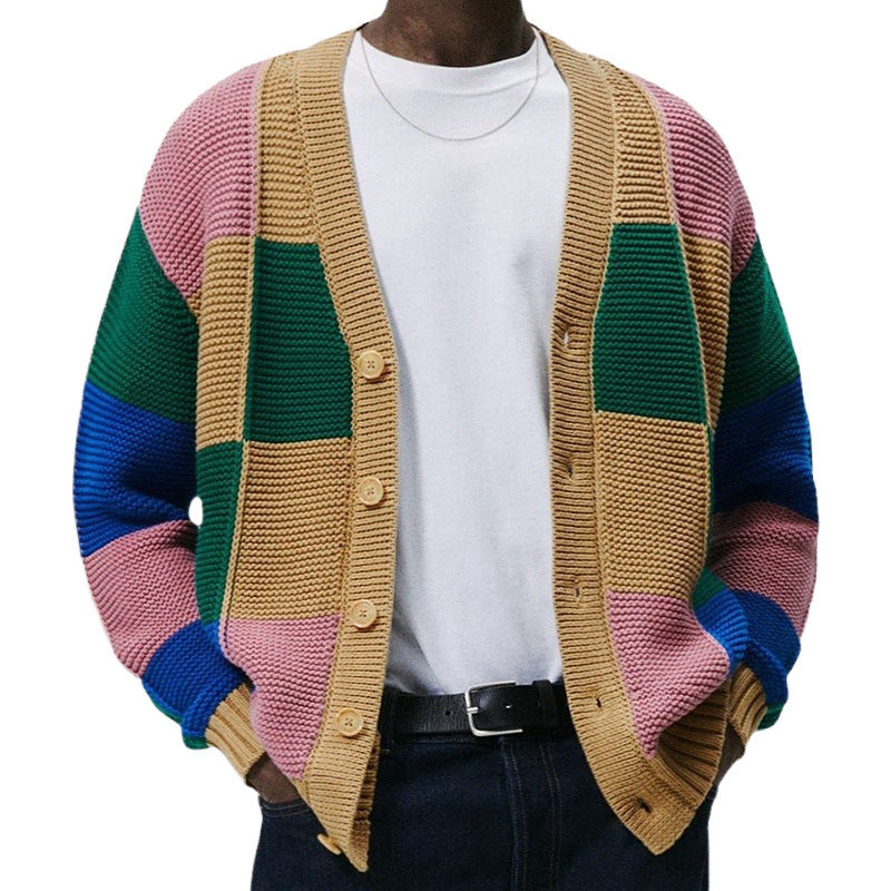 Men's knit jacket with a colorful block pattern and comfortable buttons Chic and Style