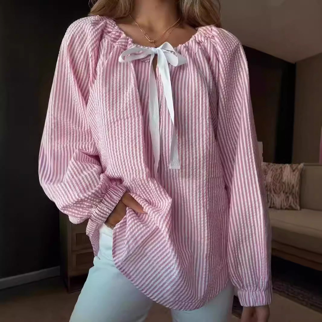 Blouse dames avec décolleté élastique et lien en nœud Chic und Stil