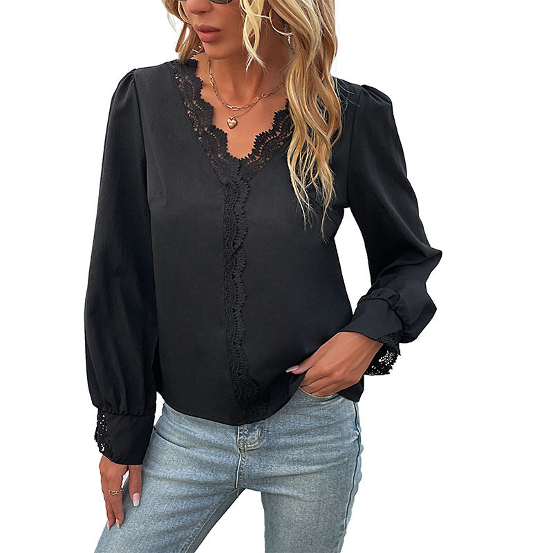 Dames élégante blouse avec détails en dentelle et décolleté en V Chic und Stil