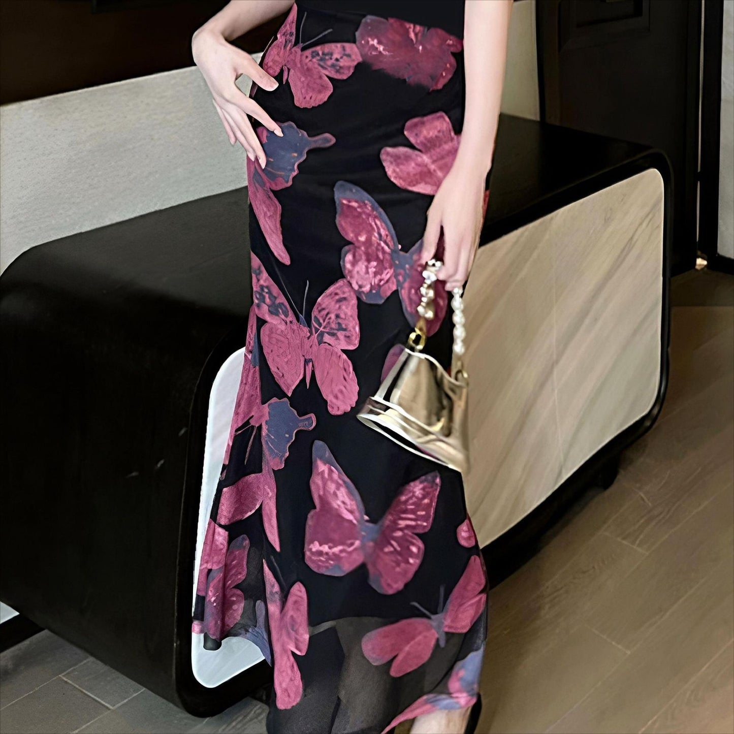 Jupe maxi à imprimé papillon flottant Chic und Stil pour femmes