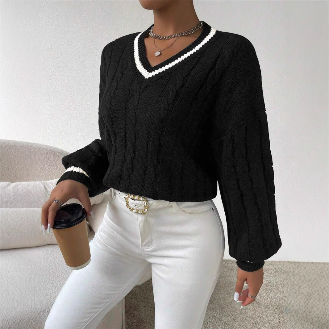 Pull en tricot pour femmes avec un décolleté en V tendance et un élégant motif en torsades Chic und Stil