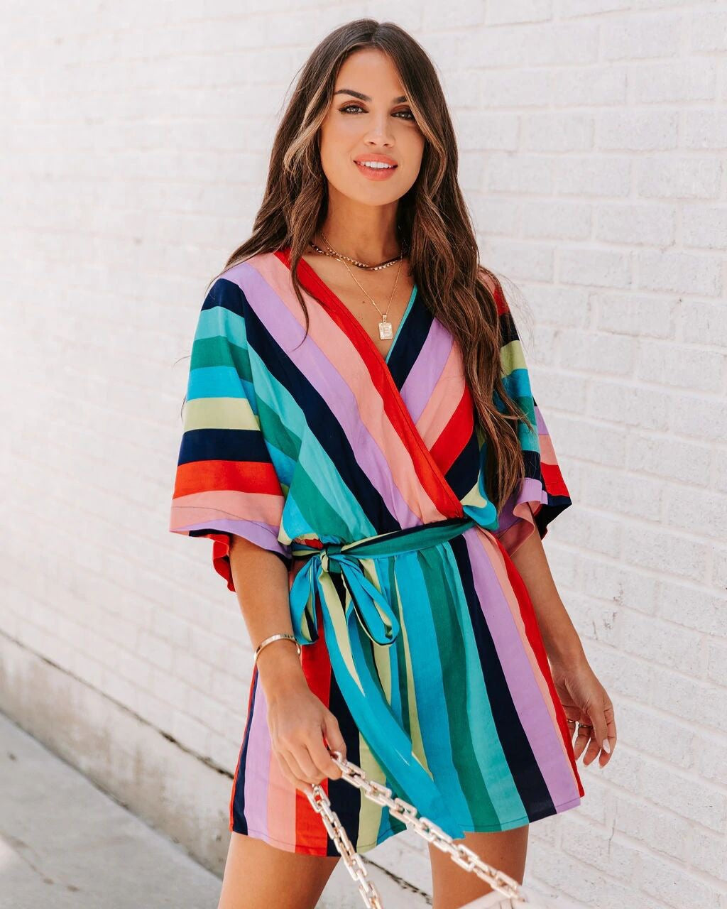 Robe portefeuille rayée chic pour femmes Chic und Stil