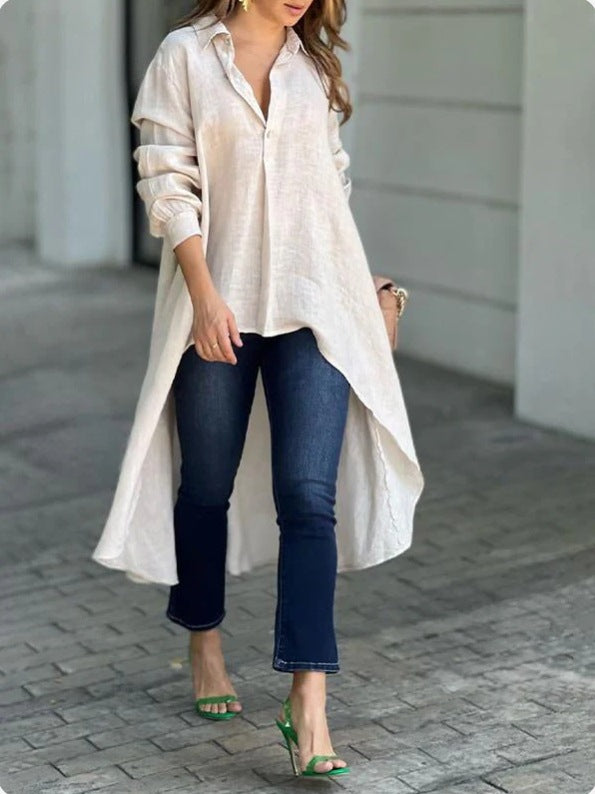 Blouses décontractées pour femmes - T-shirt long en mélange de lin de haute qualité Chic und Stil