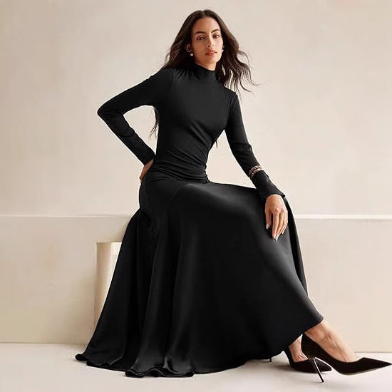 Dames Élégante Robe Maxi à Manches Longues avec Col Haut et Jupe Fluide Chic und Stil
