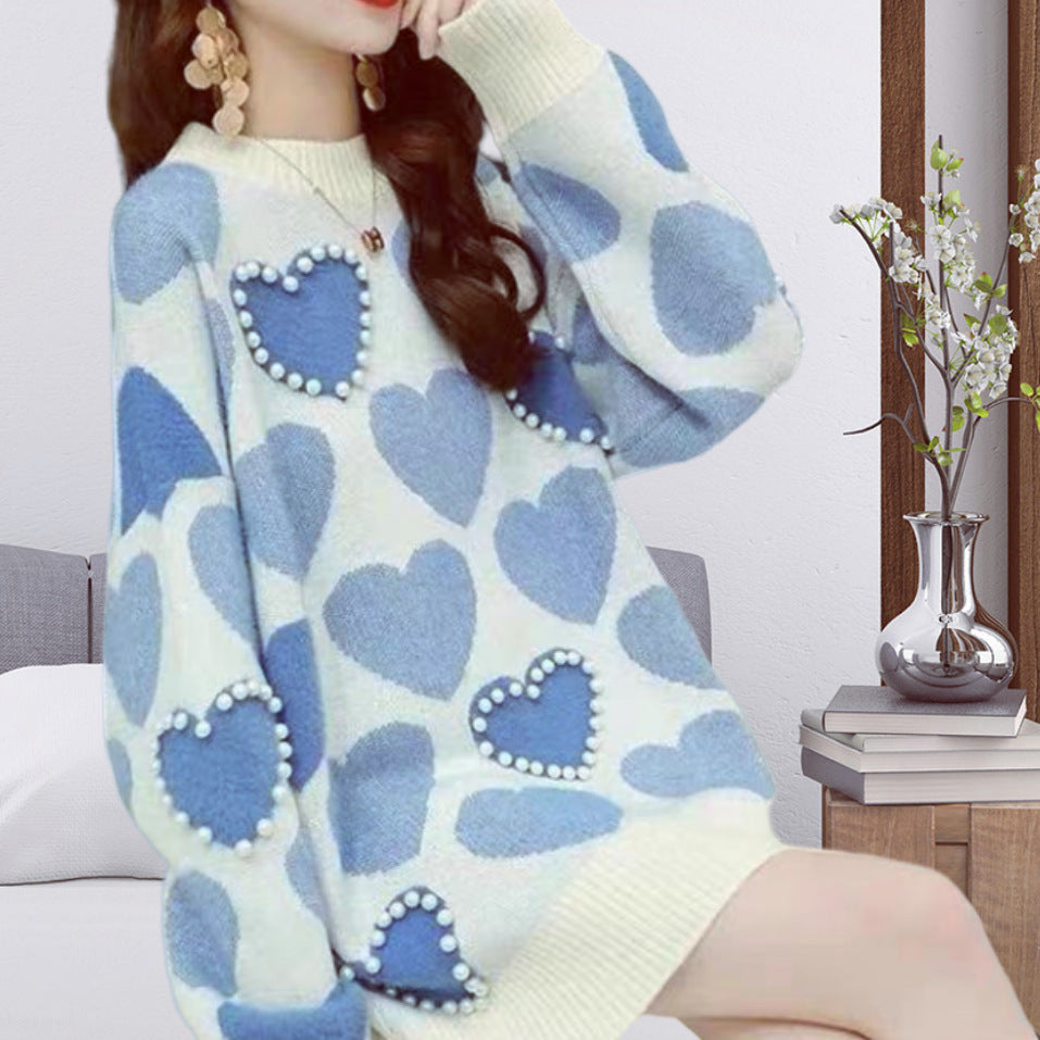 Dames Pull en tricot à motifs avec applications en forme de cœur et col en rib Chic und Stil