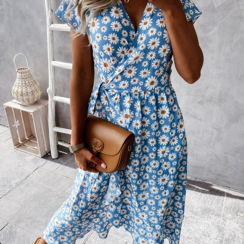 Chic and elegant women's floral wrap midi dress