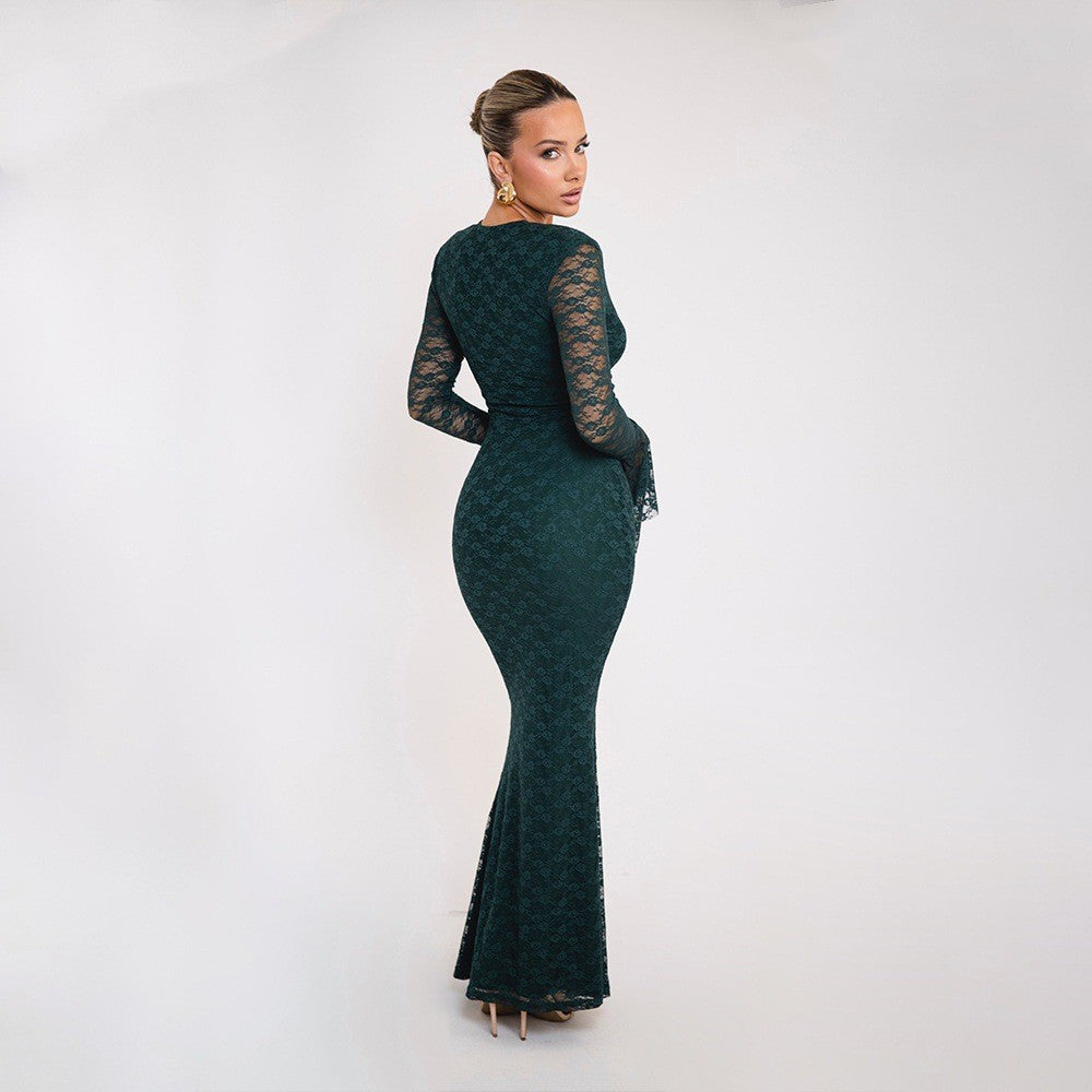 Robe de soirée élégante en dentelle pour femmes avec décolleté en V profond et manches cloche longues Chic und Stil