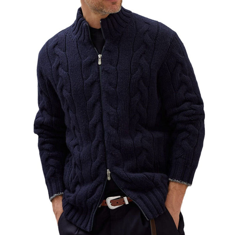 Men's knit jacket with a decorative braid design and a high collar Chic und Stil
