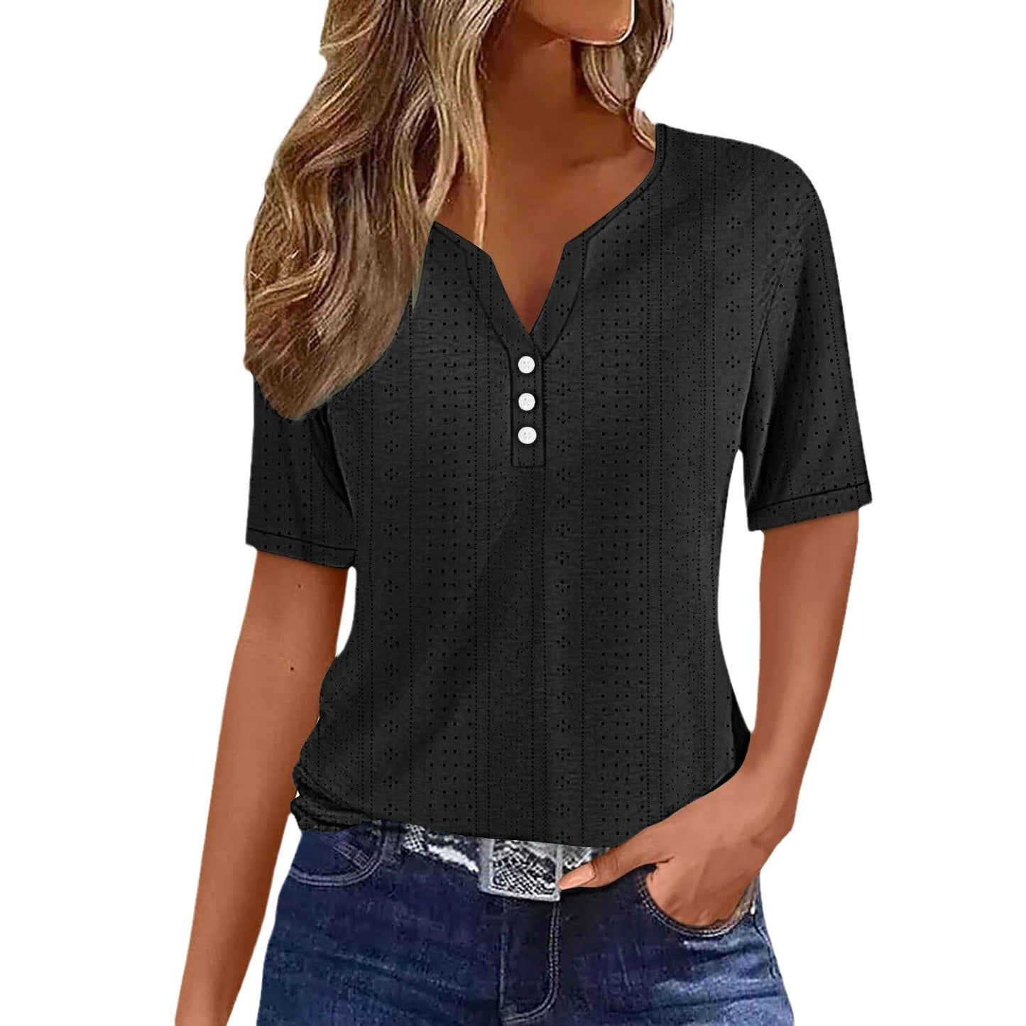Chemise à manches courtes pour femmes avec détails de boutons et fine structure en mailles plongeantes Chic und Stil