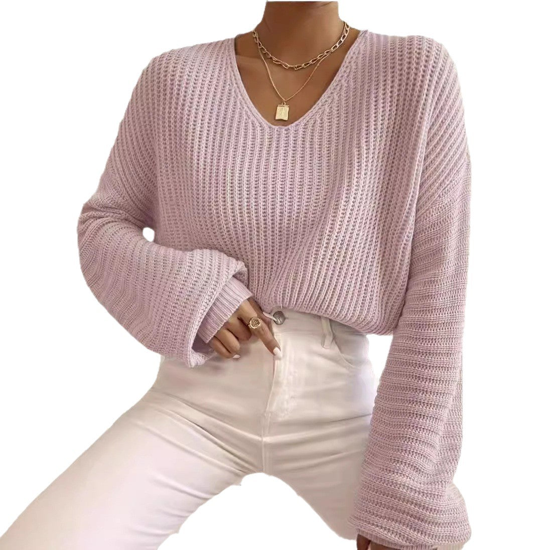 Pull V dames avec des manches larges et un motif tricot structuré Chic und Stil