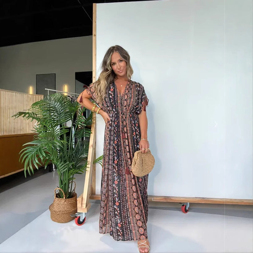 Robe maxi élégante pour femmes avec imprimé à la mode et décolleté en V Chic und Stil