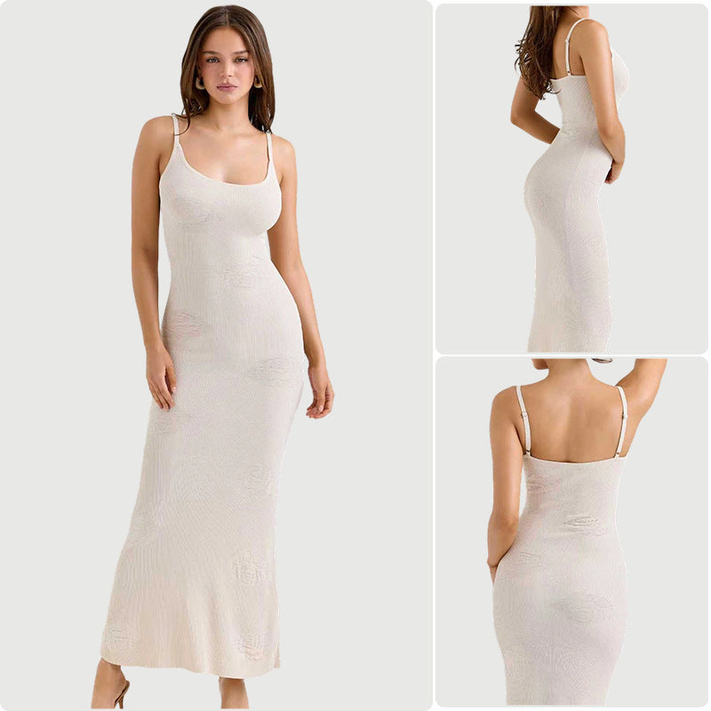 Dames Élégante Robe Maxi avec fines bretelles spaghetti et motif texturé discret Chic und Stil