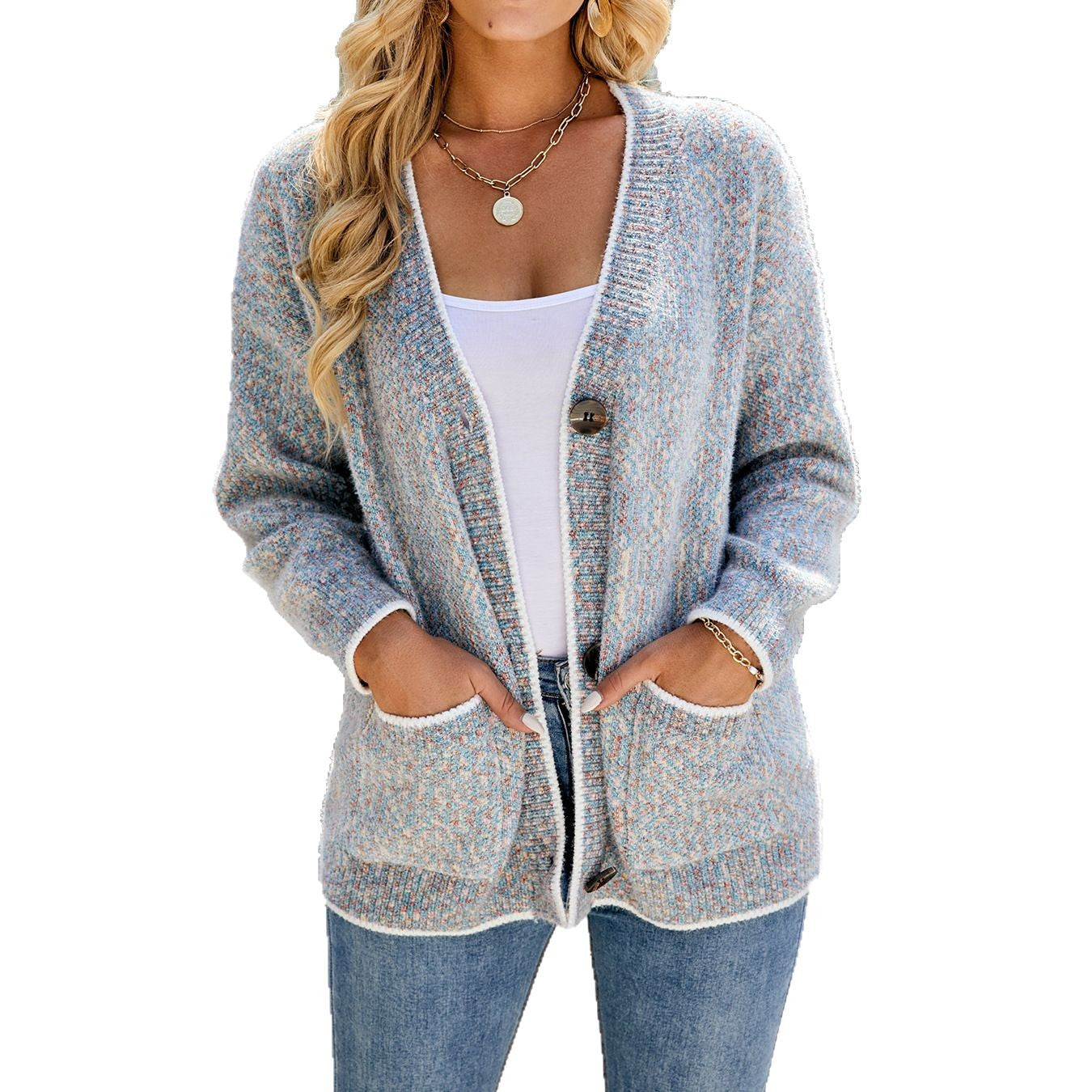 Cardigan confortable pour dames en tricot avec grandes poches appliquées et boutons Chic und Stil