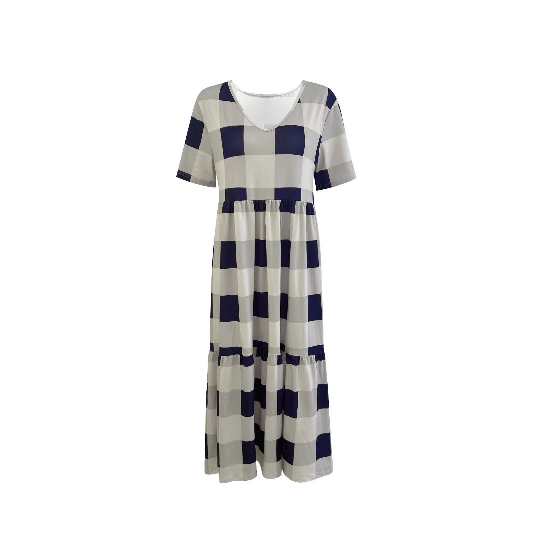 Robe longue à manches longues pour femmes avec un motif à carreaux à la mode et une coupe fluide Chic und Stil