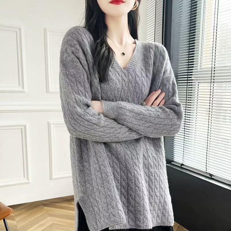 Femme pull en grosse maille avec décolleté en V et coupe décontractée Chic und Stil