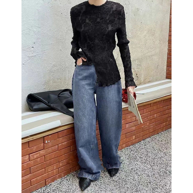 Haut à manches longues en dentelle texturée pour femmes Chic und Stil