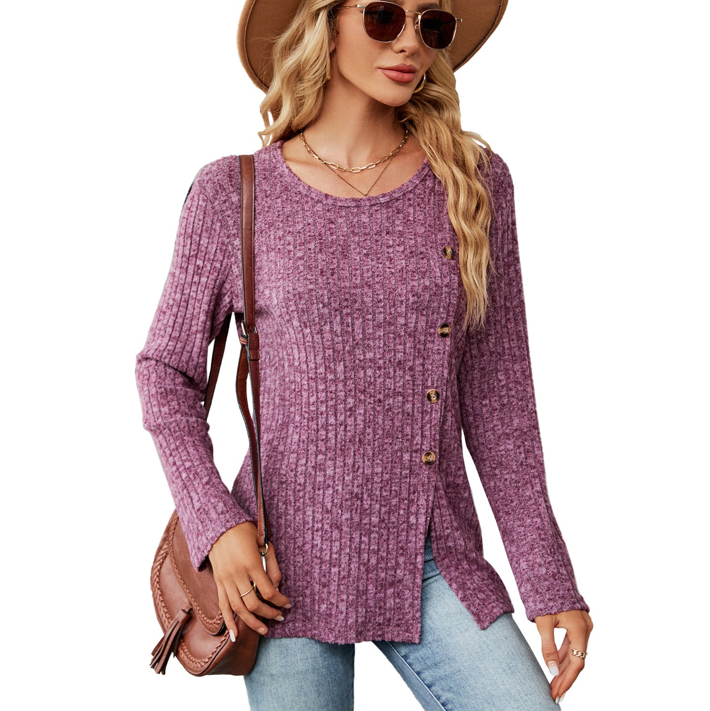 Blouse en tricot décontractée pour femmes avec un design à nouer et une fente latérale Chic und Stil
