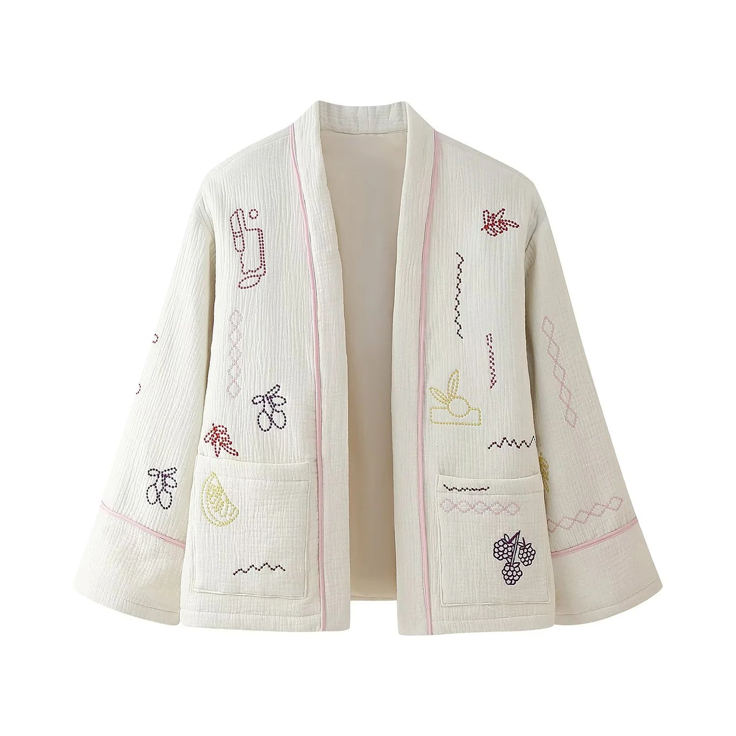 Embroidered cotton jacket for ladies with large pockets and relaxed fit Chic and Style
