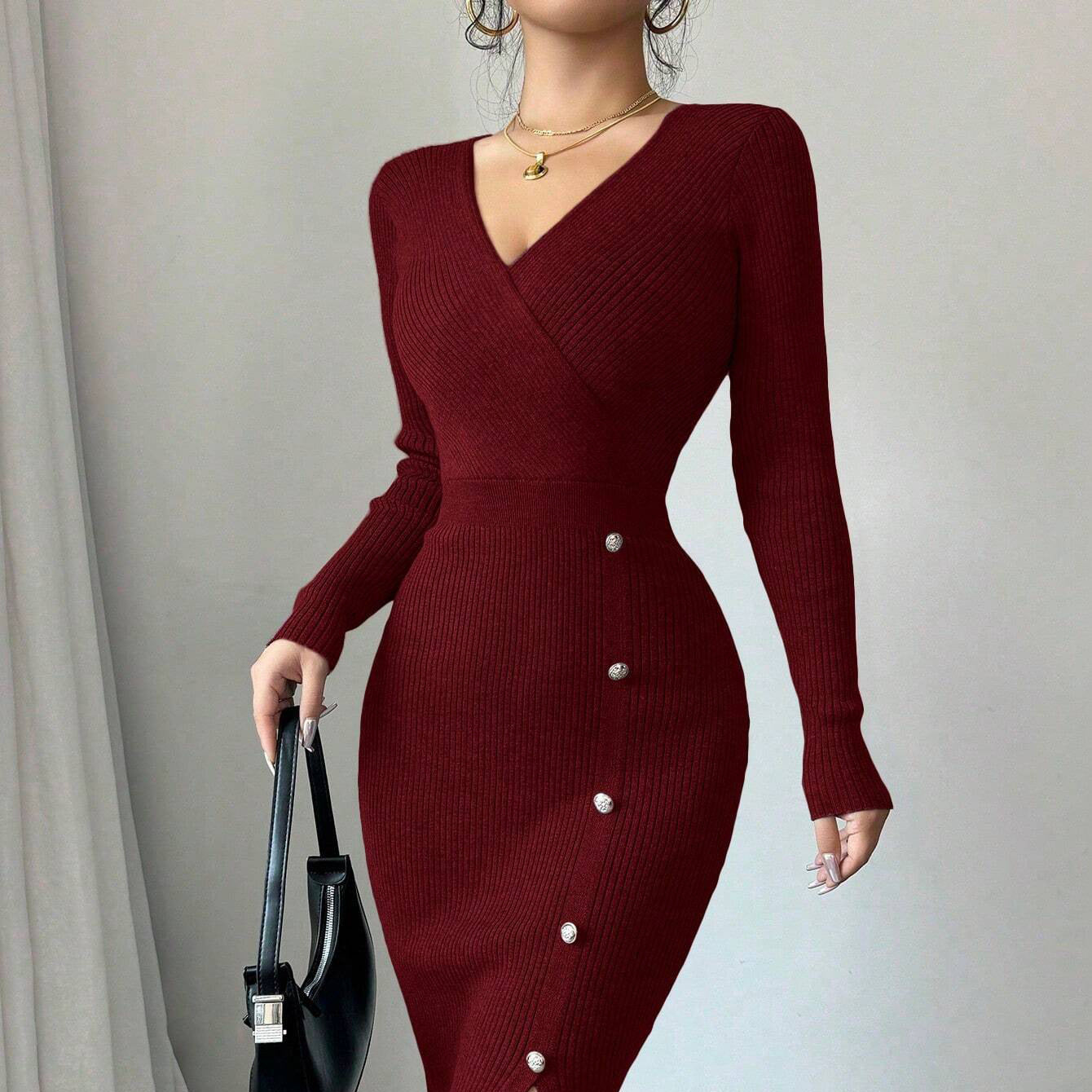 Robe tricotée pour femmes avec décolleté en V, fente latérale et élégant détail de bouton Chic und Stil