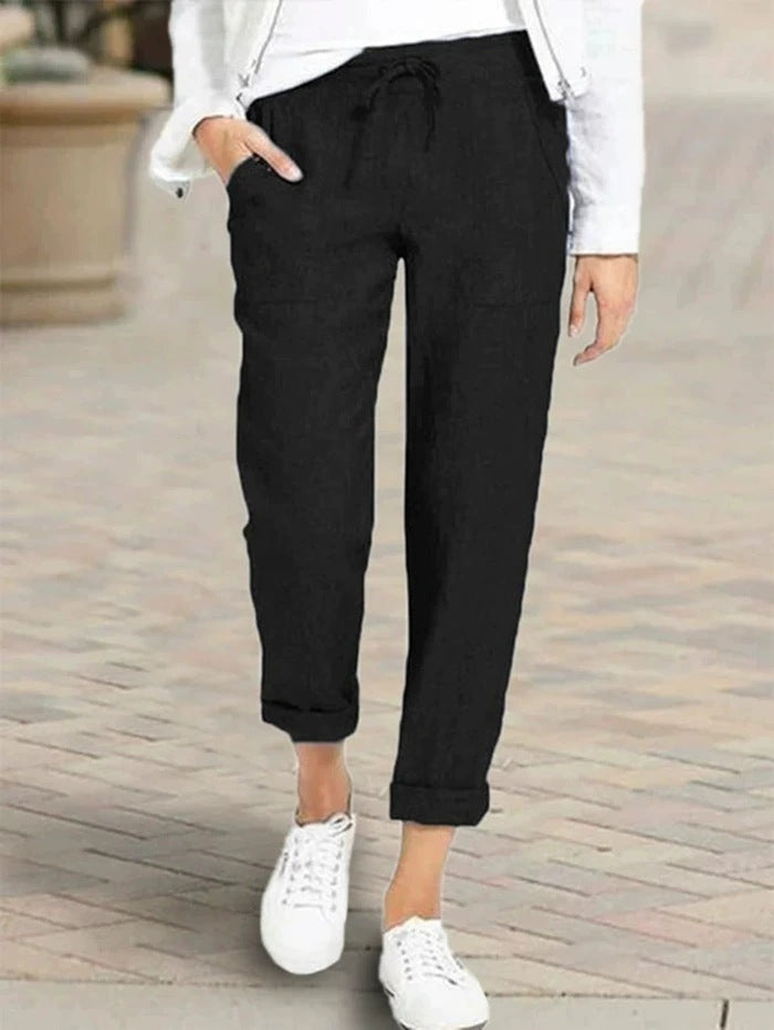 Pantalons en lin détendus pour femmes avec taille élastique et poches pratiques Chic und Stil