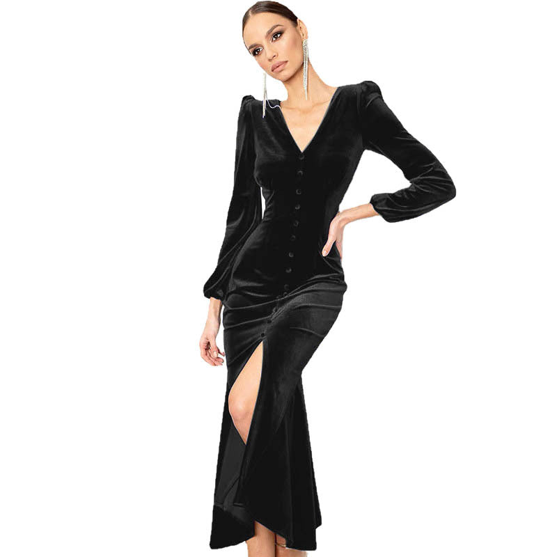 Robe maxi en velours pour femmes avec décolleté en V profond et détails de bouton Chic und Stil