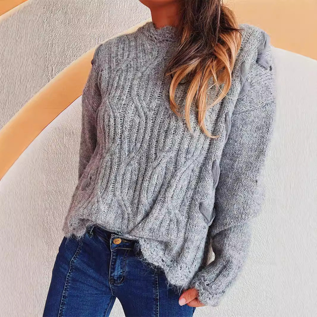 Pull en grosse maille pour femmes avec motif ondulé romantique et manches volumineuses Chic und Stil