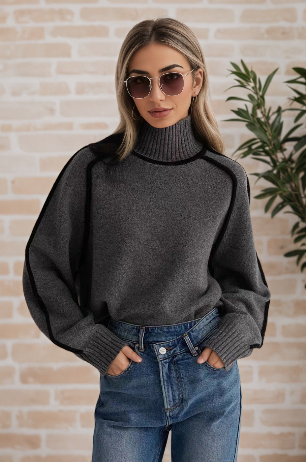 Pull femme avec col haut et détails de structure modernes Chic und Stil