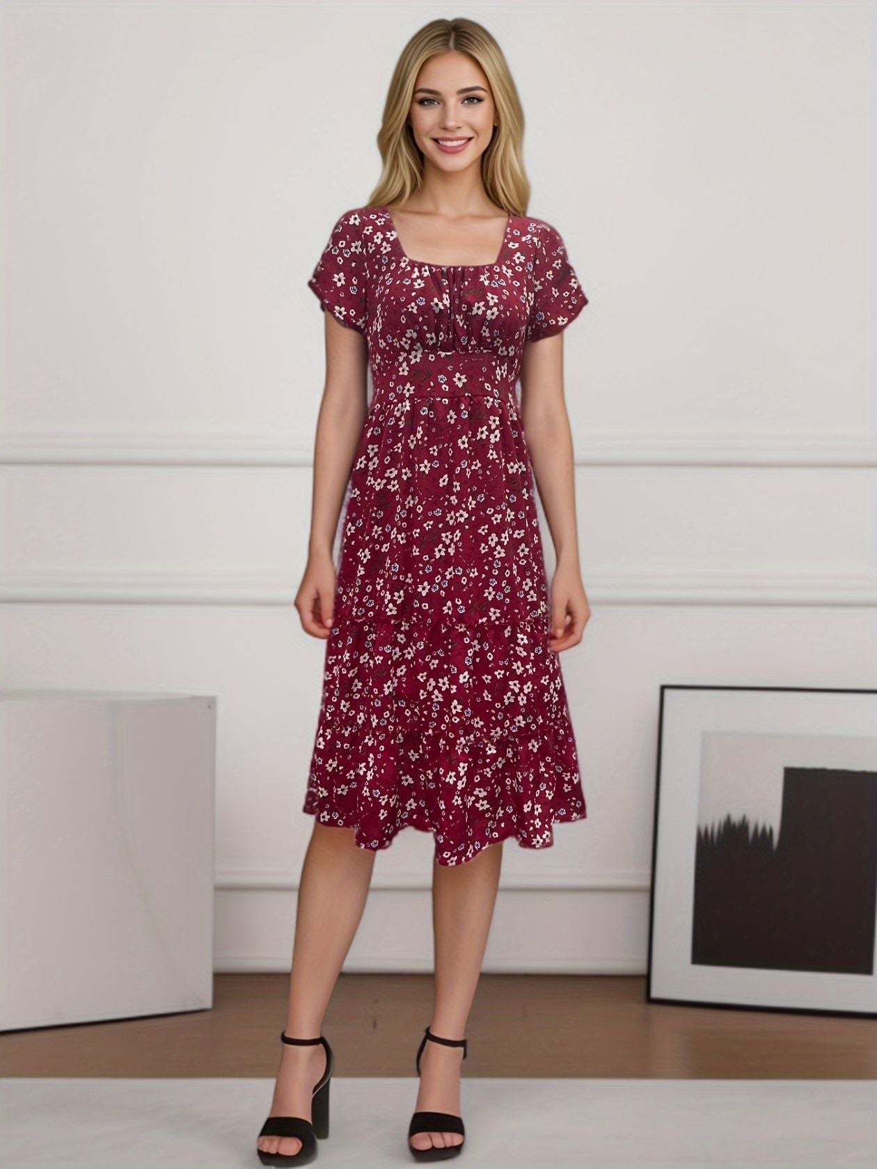Chic and Stylish Women's Layered Floral Midi Dress