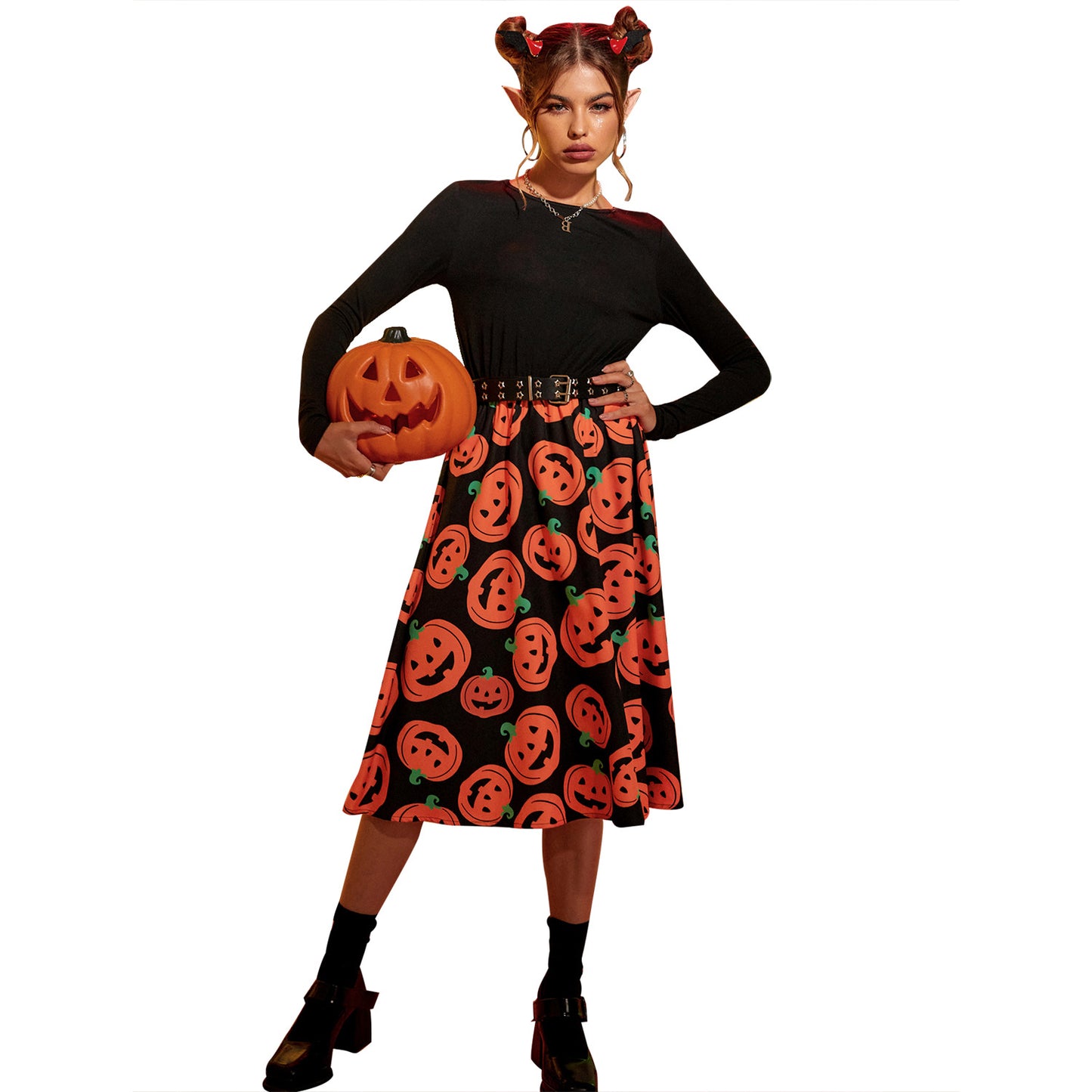Robe midi pour femmes avec manches longues et motif Halloween Chic und Stil