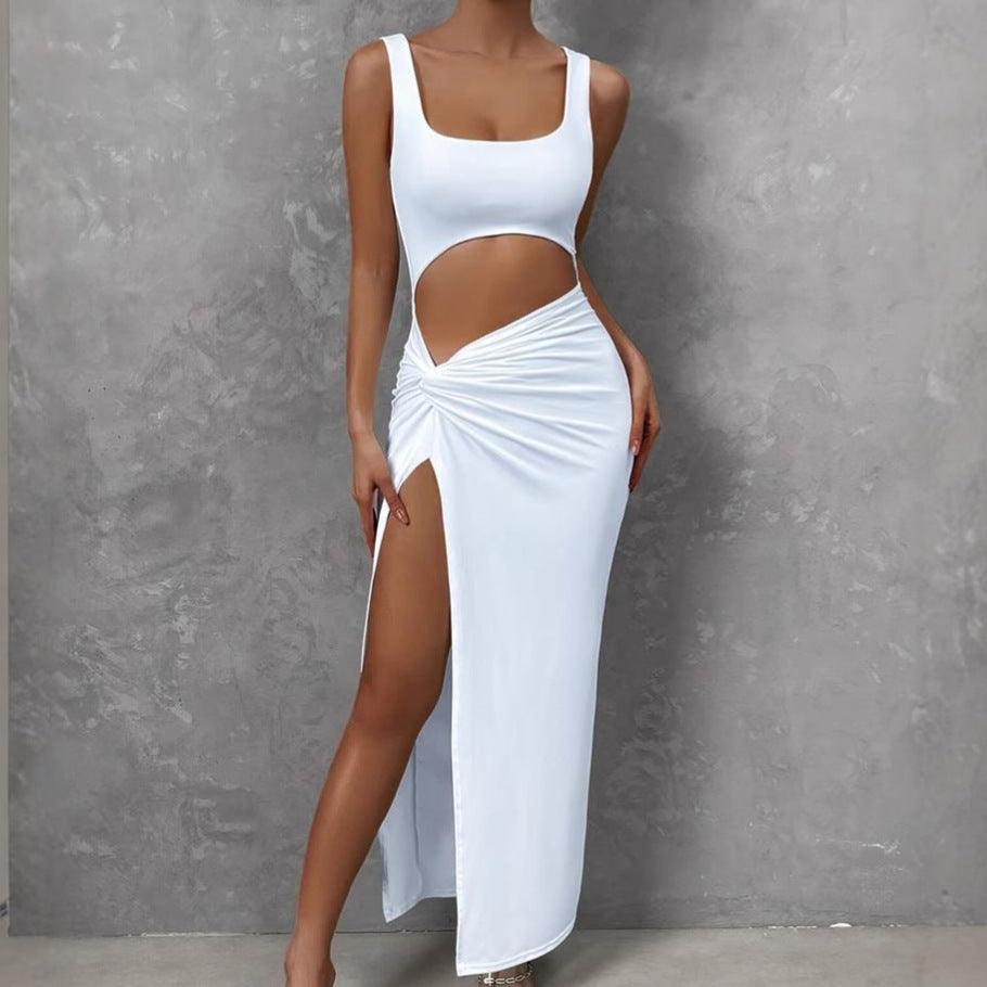 Robe maxi ajustée pour femmes avec découpes, fente haute et détail volanté Chic und Stil