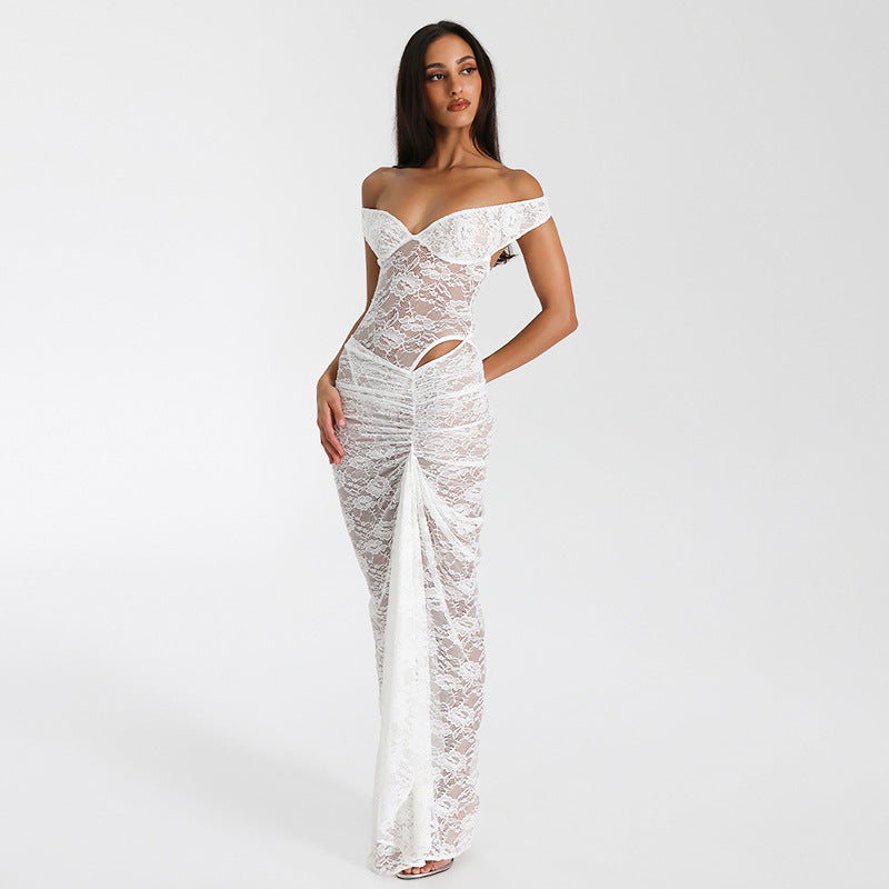 Femmes Robe maxi élégante en dentelle avec design sans épaules et détails à volants Chic und Stil