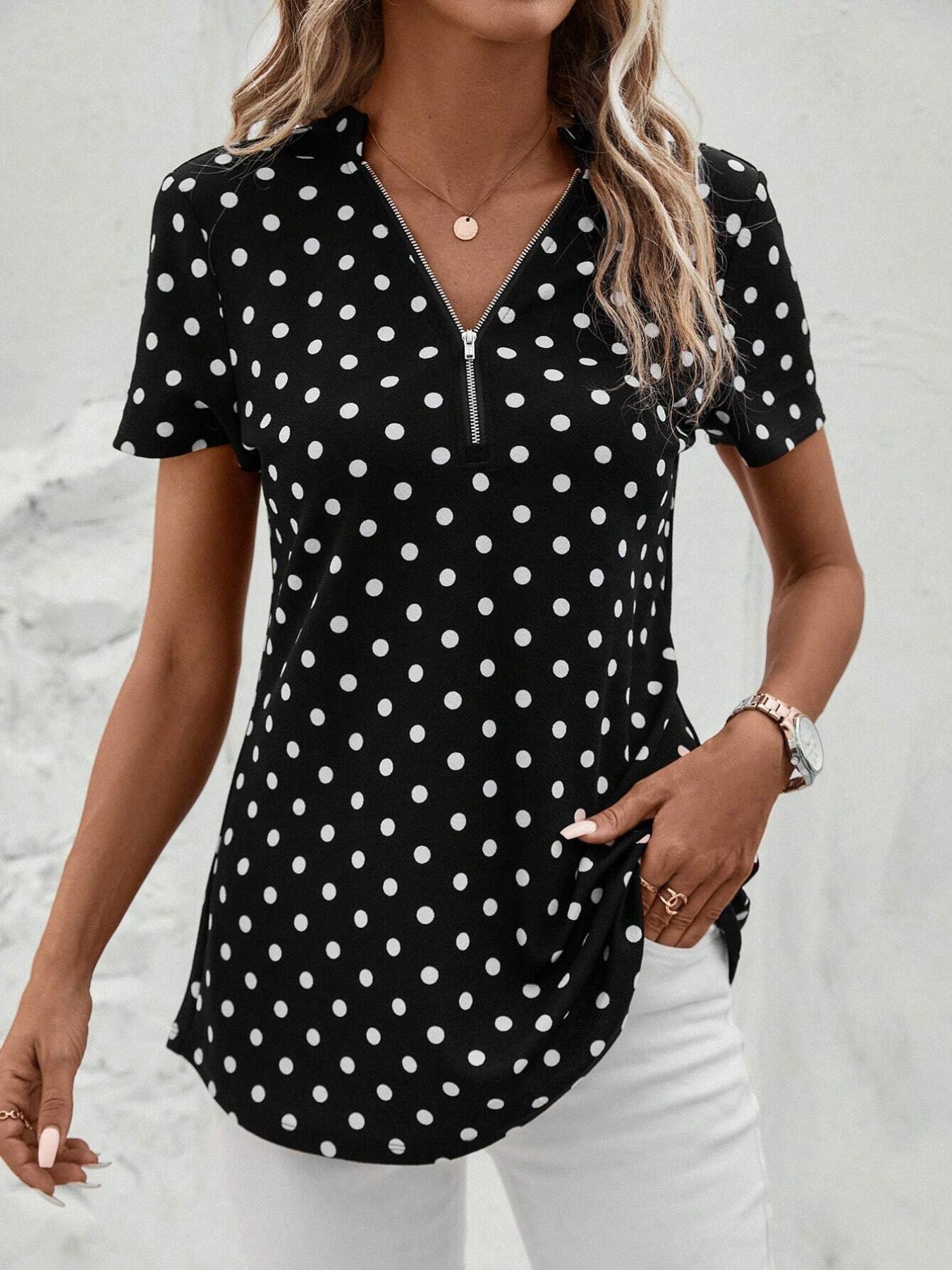 Dames à pois Zip-Up Top Chic und Stil