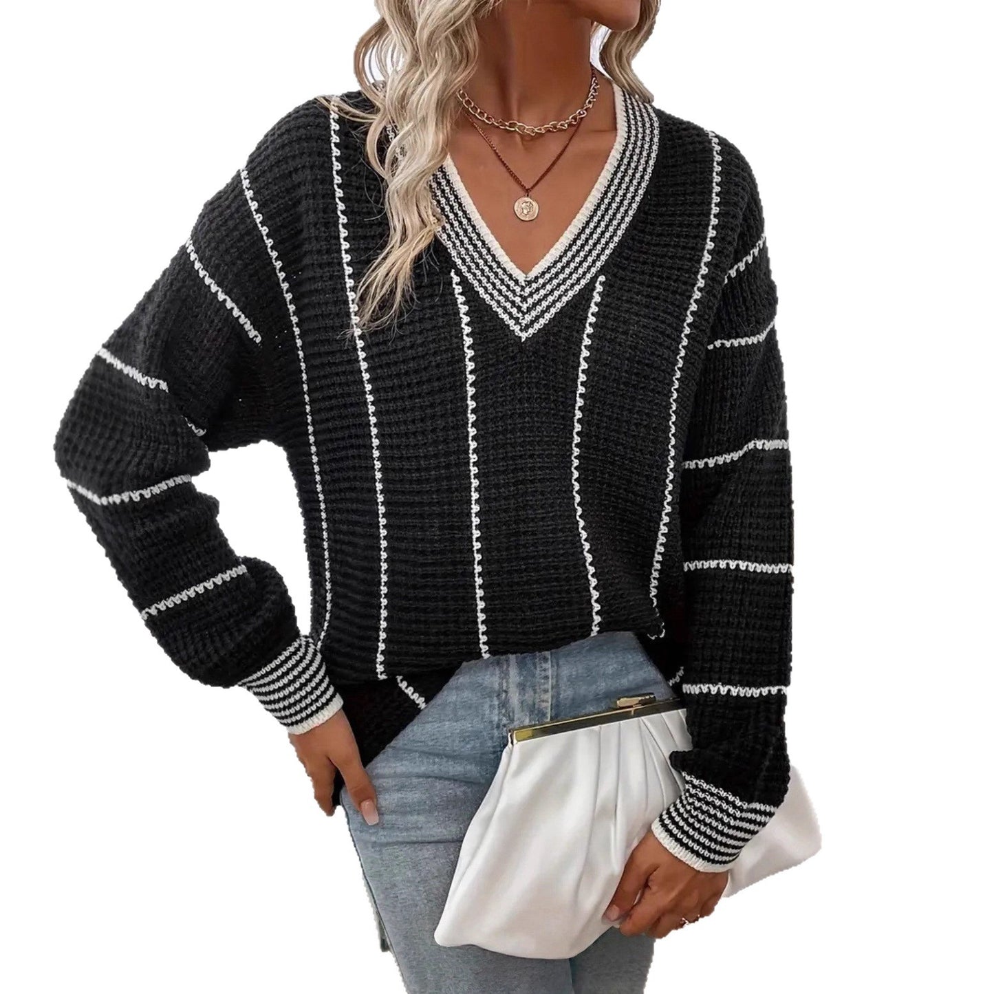 Pull en tricot épais pour femmes avec un élégant décolleté en V et un motif à rayures tendance Chic und Stil