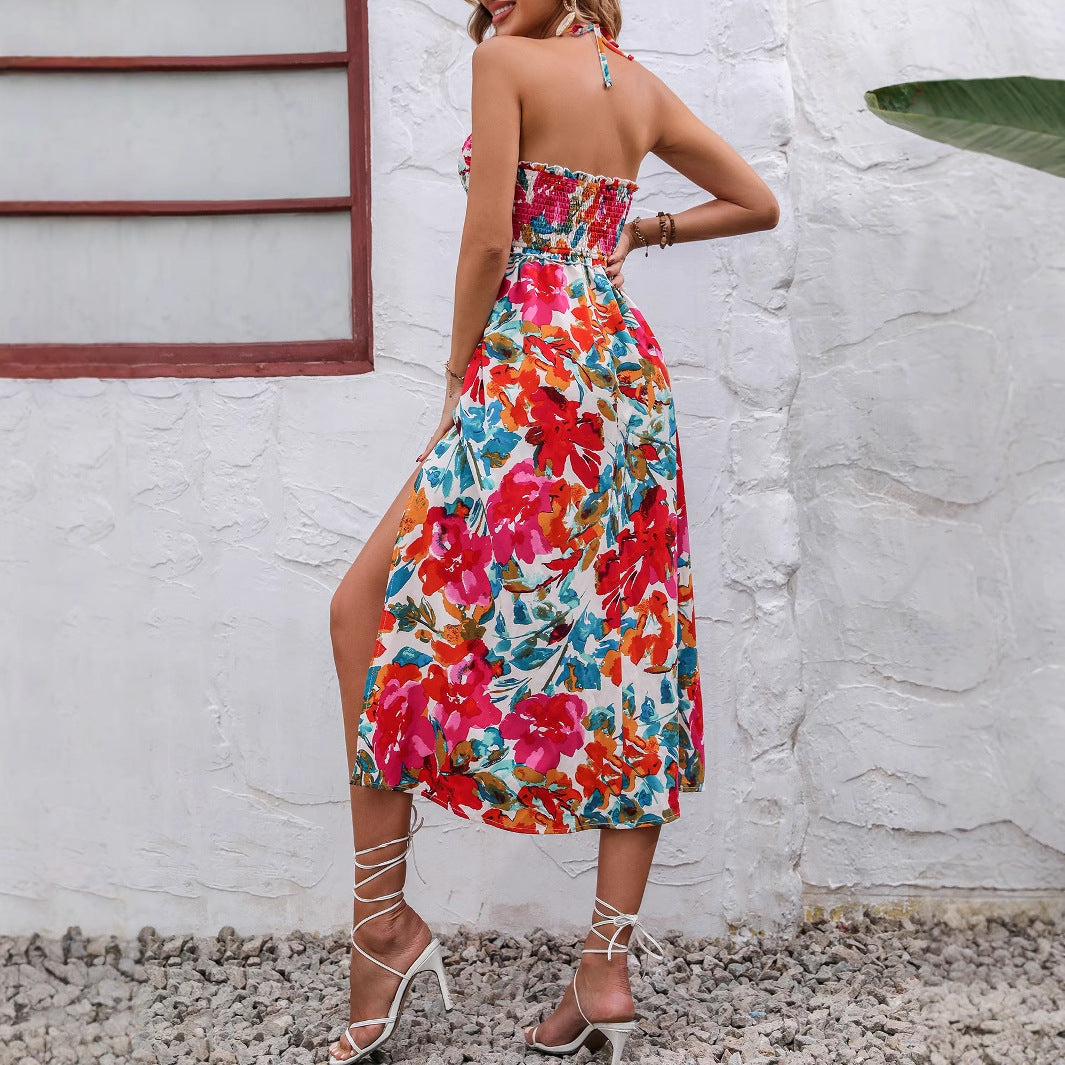 Robe maxi pour femmes avec motif floral et design sans épaules Chic und Stil