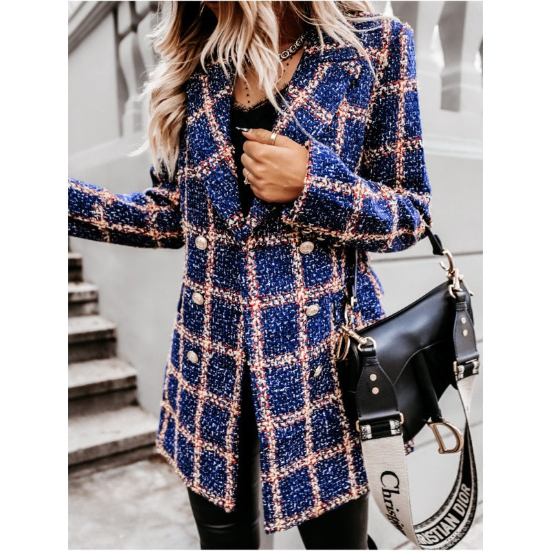 Blazer de compression à carreaux surdimensionné pour femmes avec double rangée de boutons Chic und Stil