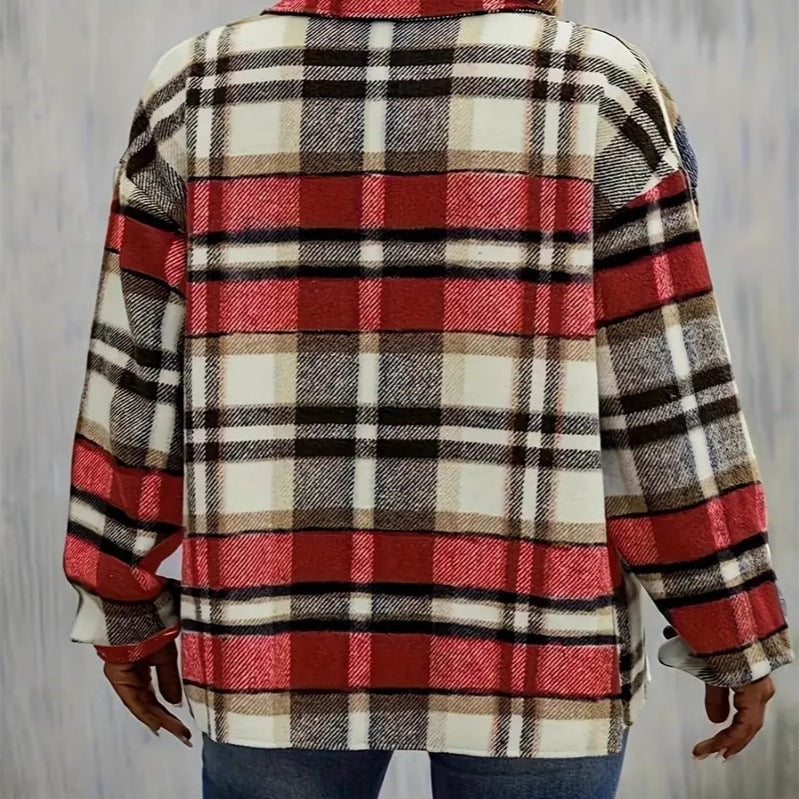 Veste en flanelle à carreaux pour femmes avec poches et boutonnière de bon goût Chic und Stil