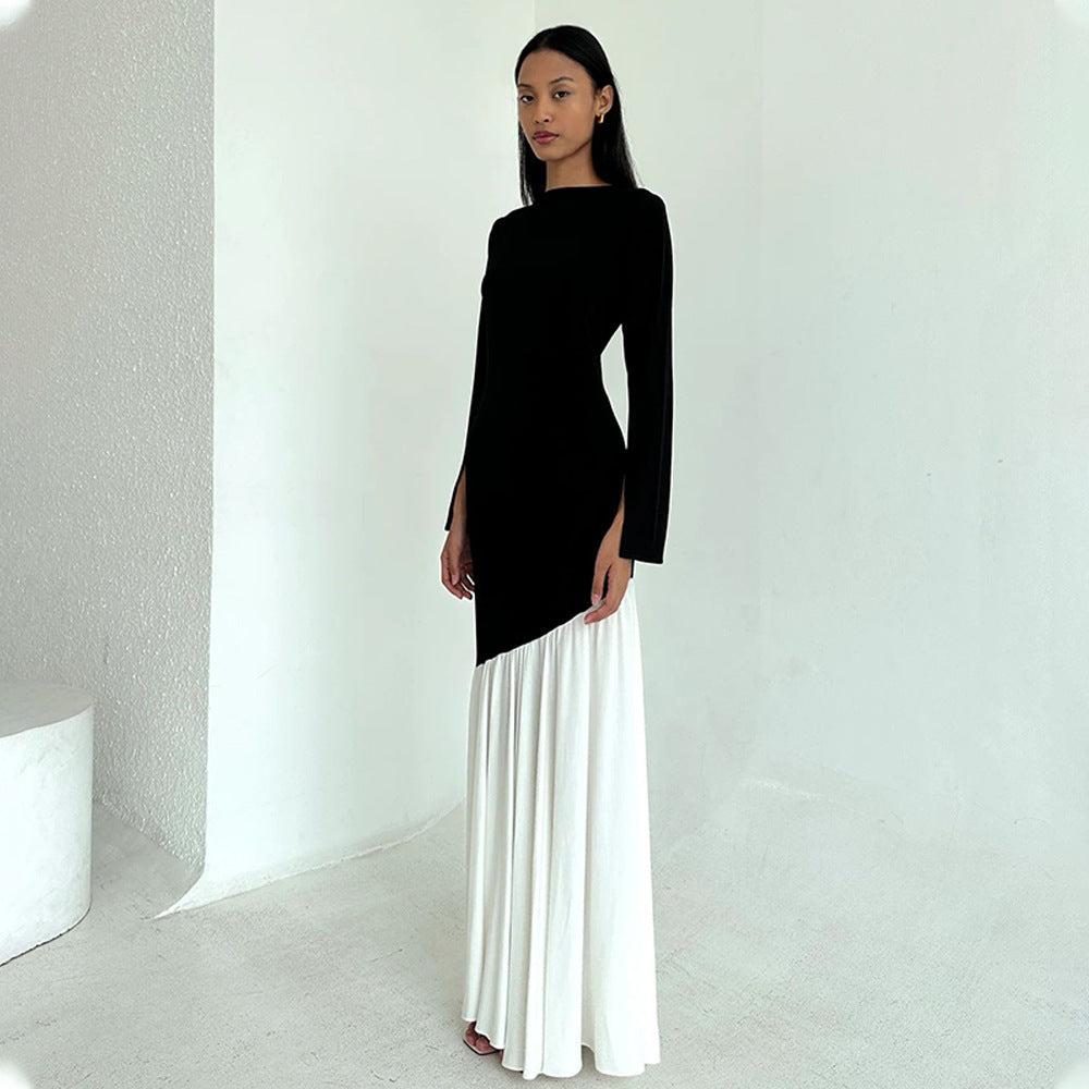 Robe maxi élégante et asymétrique pour dames avec des manches longues et des contrastes de couleurs Chic und Stil