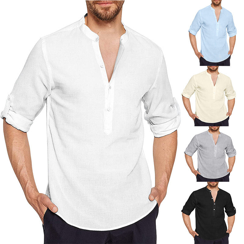 Chemise en lin pour hommes avec col montant moderne et patte de boutonnage classique Chic und Stil