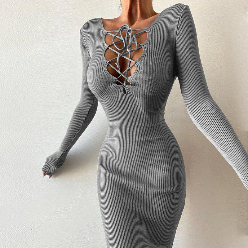 Robe midi côtelée pour femmes avec lacets Chic und Stil