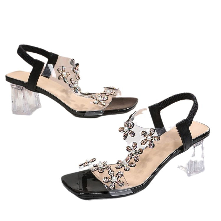 Sandales élégantes pour dames avec applications florales et talon transparent Chic und Stil