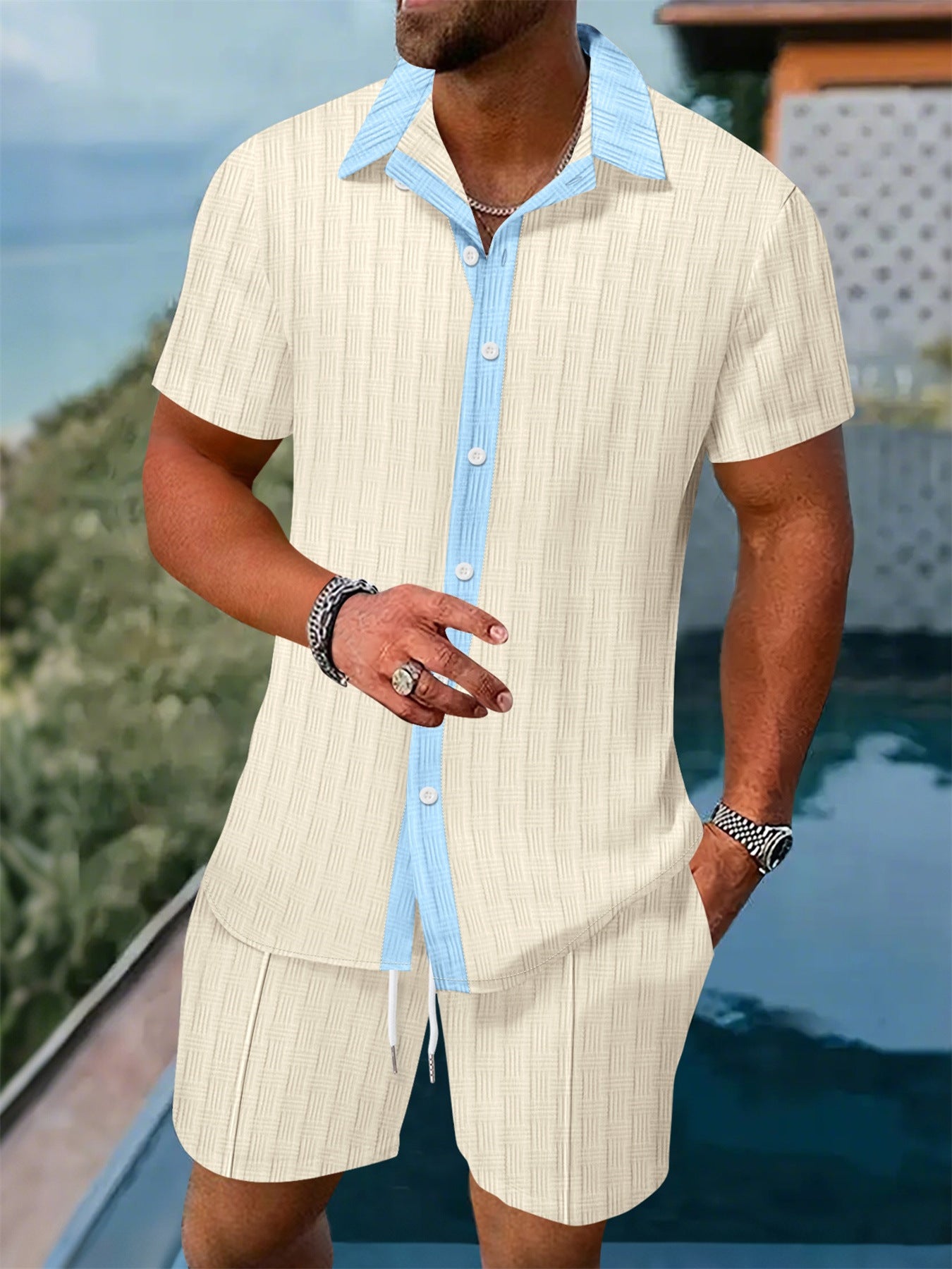 Chemise de loisirs pour hommes avec patte de boutonnage et ensemble de shorts Chic und Stil