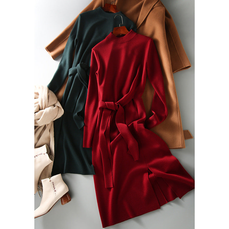 Robe midi élégante à manches longues pour femmes avec ceinture Chic und Stil